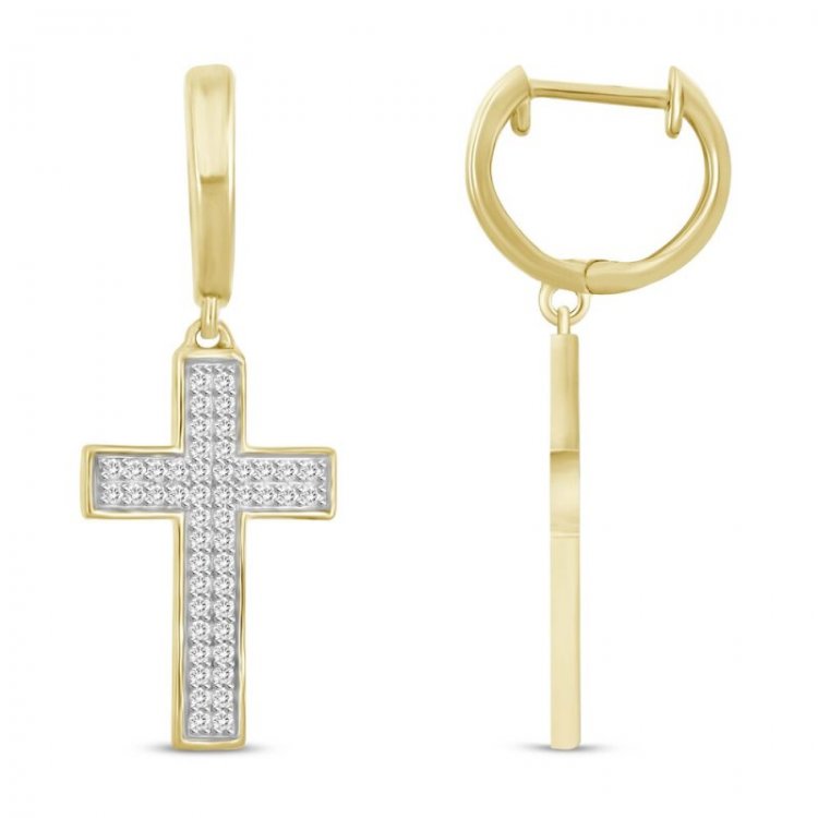 Mens Diamond Cross Hoop Dangle Earrings 1/4 ct tw Round-cut 10K Yellow Gold