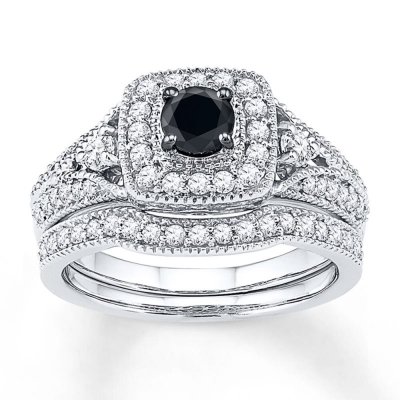 Black  White Diamond Bridal Set 7/8 ct tw 10K White Gold