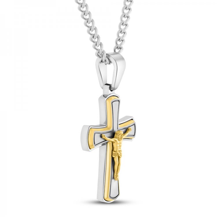 Mens Crucifix Pendant Stainless Steel/Yellow Ion Plating 24