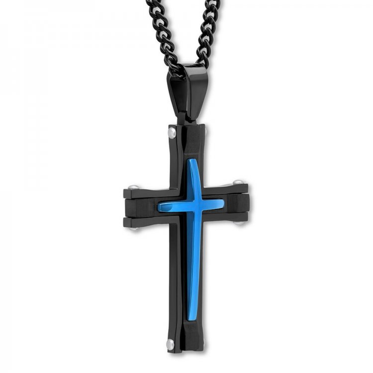 Mens Cross Necklace Black  Blue Ion-Plated Stainless Steel