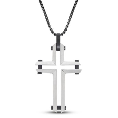 Mens Cross Necklace Black Ion Plating Stainless Steel 24