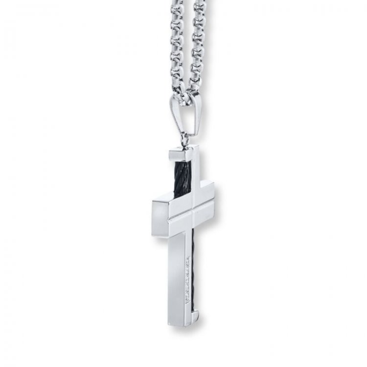 Mens Cross Necklace Diamond Accents Stainless Steel