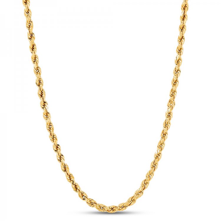 Mens Hollow Rope Chain 2.9-3.0mm 14K Yellow Gold 22