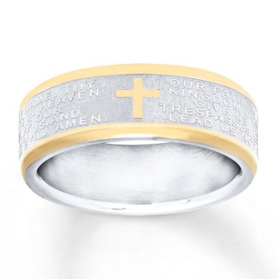 Mens Cross Wedding Band Stainless Steel/Yellow Ion-Plating 7mm