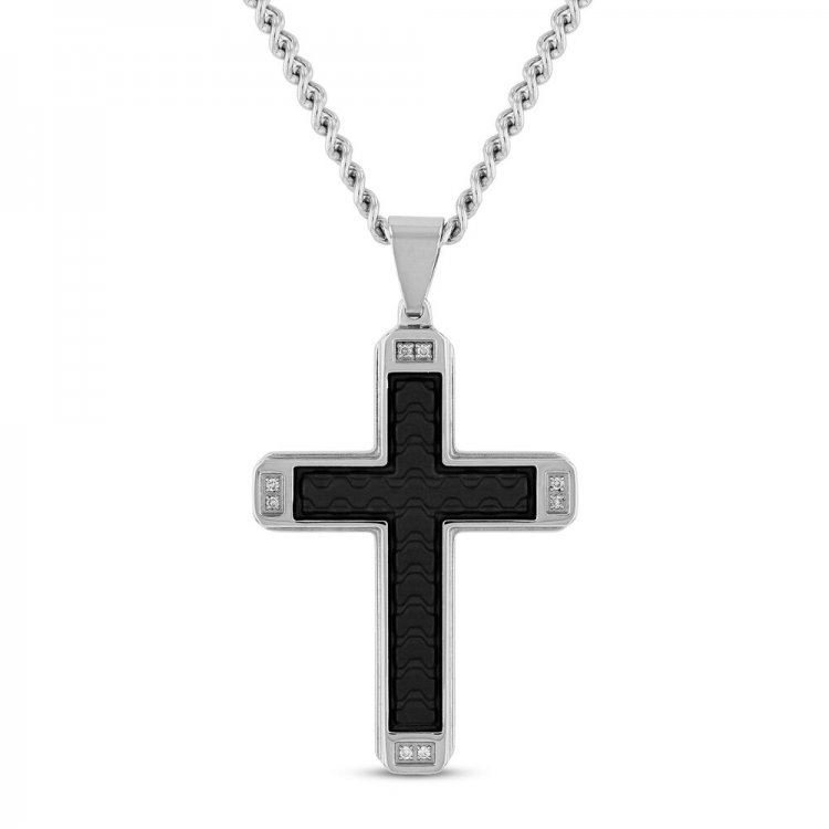 Mens Cross Pendant 1/20 ct tw Diamonds Stainless Steel/Black Ion Plating 24