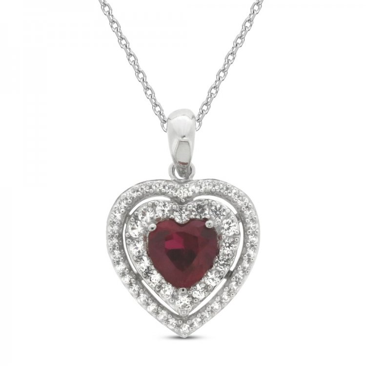 Lab-Created Ruby & Lab-Created White Sapphire Heart Necklace Sterling Silver 18"