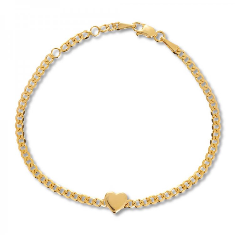 Heart Curb Chain Bracelet 14K Yellow Gold Adjustable