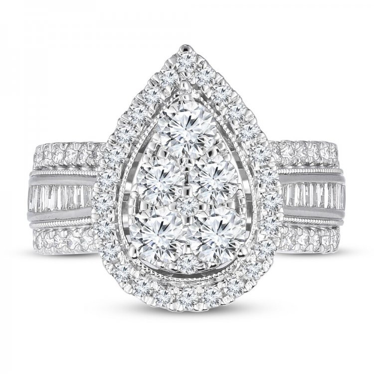 Pear-Shaped Diamond Engagement Ring 2 cts tw Round/Baguette 10K Whte Gold