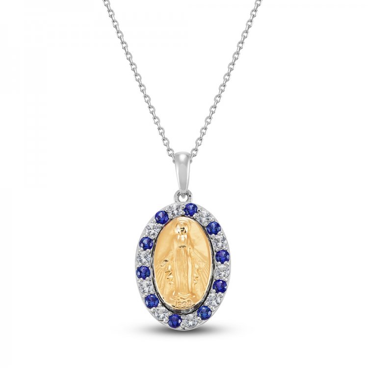 Blue  White Lab-Created sapphire Mary Necklace Sterling Silver/10K Yellow Gold 18