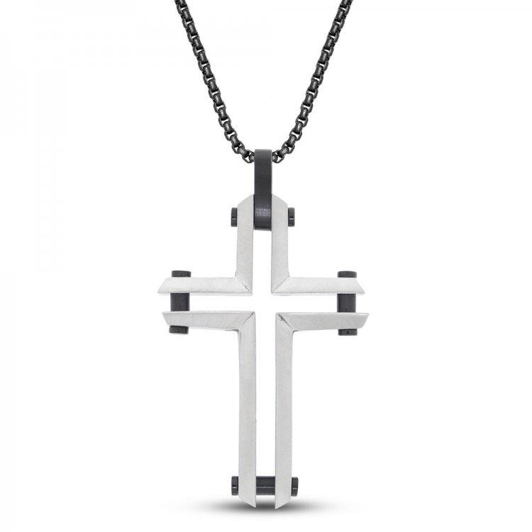 Mens Cross Necklace Black Ion Plating Stainless Steel 24