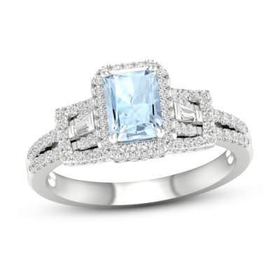 Aquamarine & Diamond Engagement Ring 1/2 ct tw Emerald/Round/Baguette-cut 10K White Gold