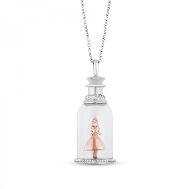 Disney Treasures Alice in Wonderland Alice Necklace 1/6 ct tw Diamonds Sterling Silver/10K Rose Gold 17