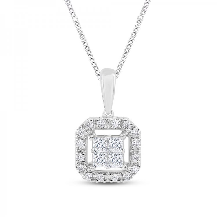 Diamond Halo Necklace 1/4 ct tw Princess/Round 10K White Gold 19