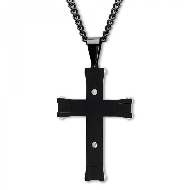 Mens Cross Necklace Black  Blue Ion-Plated Stainless Steel