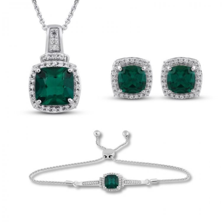 Lab-Created Emerald  White Lab-Created Sapphire Boxed Set Sterling Silver