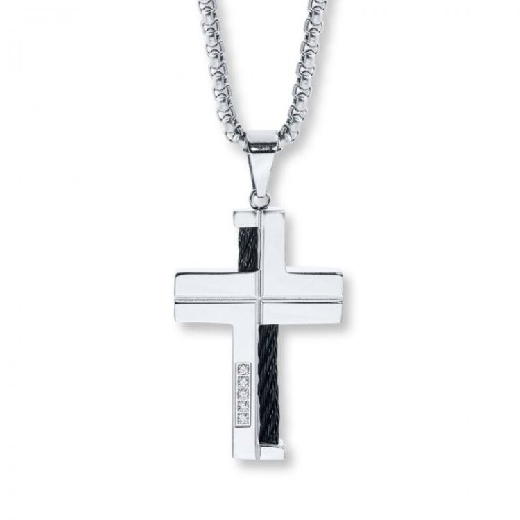 Mens Cross Necklace Diamond Accents Stainless Steel