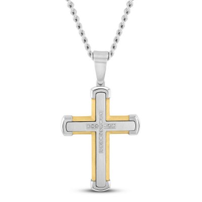 Mens Diamond Cross Necklace 1/10 ct tw Stainless Steel/Yellow Ion Plating 24