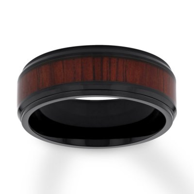 Mens Wood Design Wedding Band Black Ion-Plated Stainless Steel