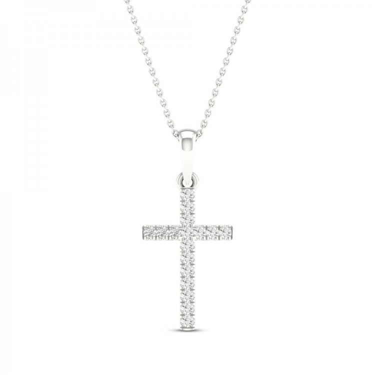 Diamond Cross Necklace 1/10 ct tw Round-Cut 10K White Gold 18