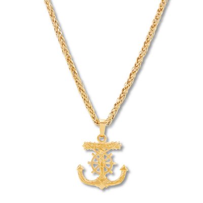 Mens Crucifix Anchor Necklace 10K Yellow Gold 22