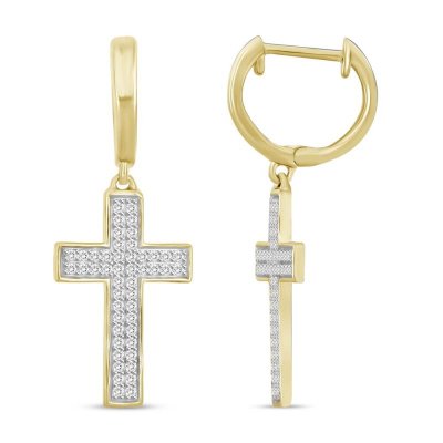 Mens Diamond Cross Hoop Dangle Earrings 1/4 ct tw Round-cut 10K Yellow Gold