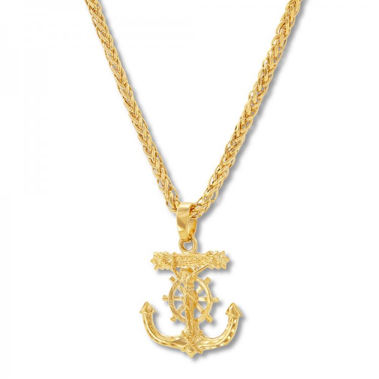 Mens Crucifix Anchor Necklace 10K Yellow Gold 22