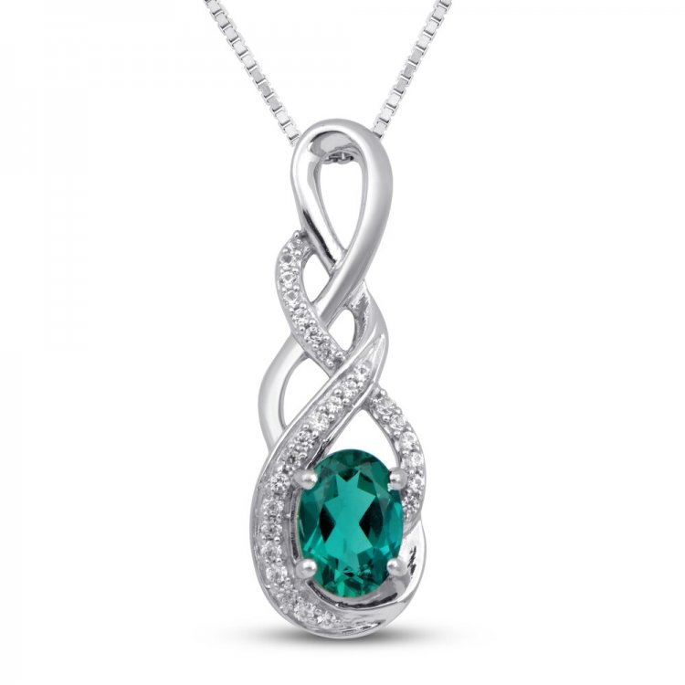 Lab-Created Emerald &  Lab-Created White Sapphire Necklace Sterling Silver 18"