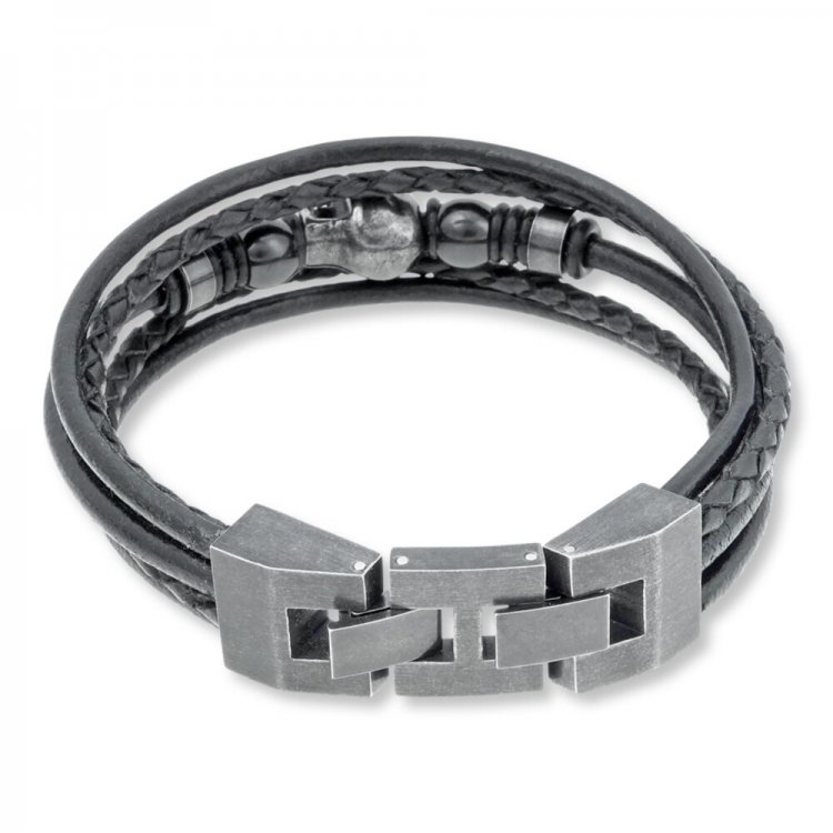 Men's Skull Bracelet Stainless Steel Black Leather