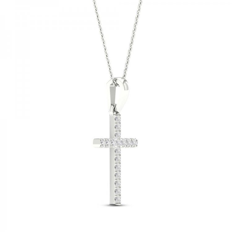 Diamond Cross Necklace 1/10 ct tw Round-Cut 10K White Gold 18