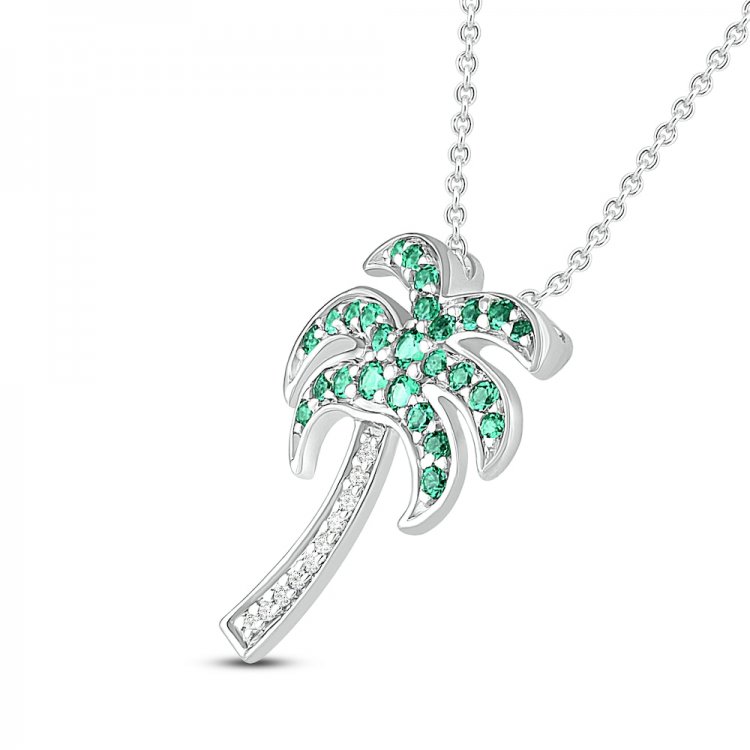 Lab-Created Emerald  White Lab-Created Sapphire Palm Tree Necklace Sterling Silver 18