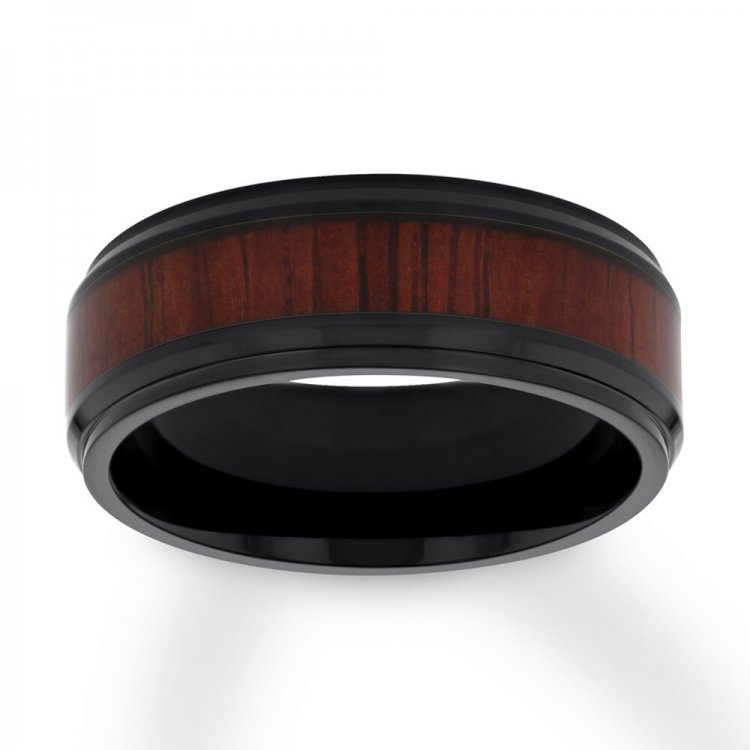 Mens Wood Design Wedding Band Black Ion-Plated Stainless Steel