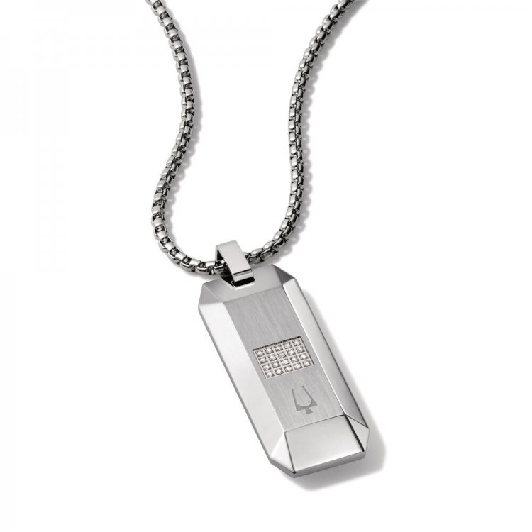 Bulova Dog Tag Necklace 1/10 ct tw Diamonds Stainless Steel 28.5