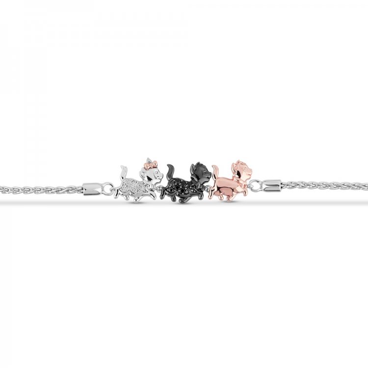 Disney Treasures Aristocats Black & White Diamond Bolo Bracelet 1/10 ct tw Sterling Silver/10K Rose Gold