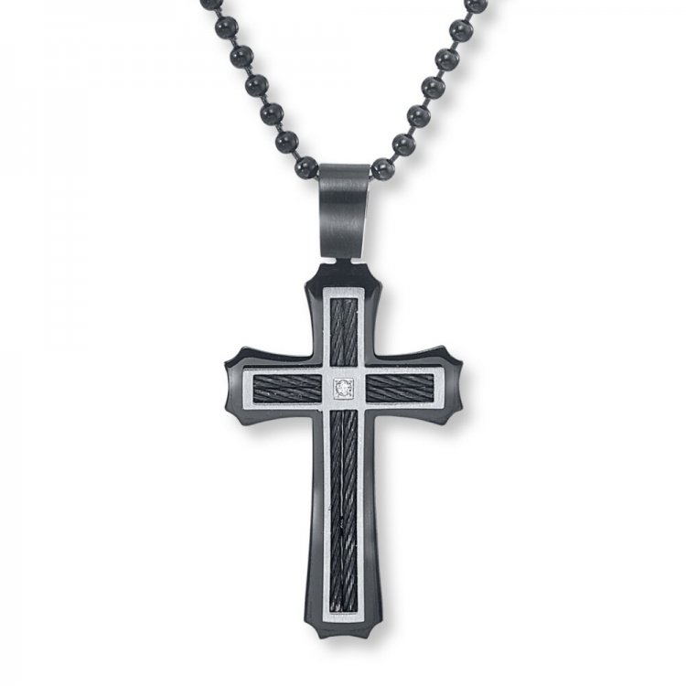 Mens Cross Necklace Stainless Steel/Black Ion Plating