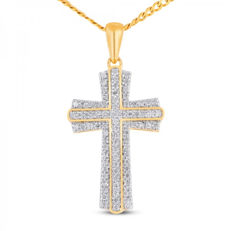 Mens Diamond Cross Necklace 1/3 ct tw Round-cut 10K Yellow Gold 22