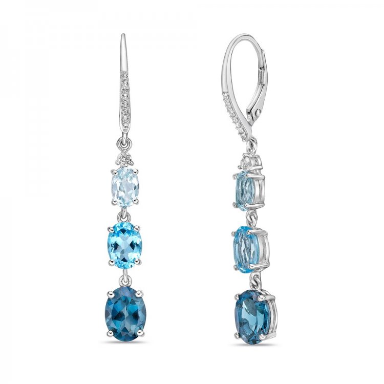 Vibrant Shades Blue Topaz  White Lab-Created Sapphire Dangle Earrings Sterling Silver