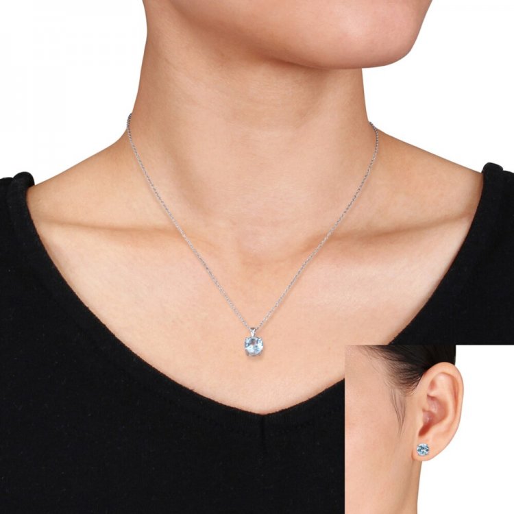 Blue Topaz Gift Set Necklace & Earrings Sterling Silver