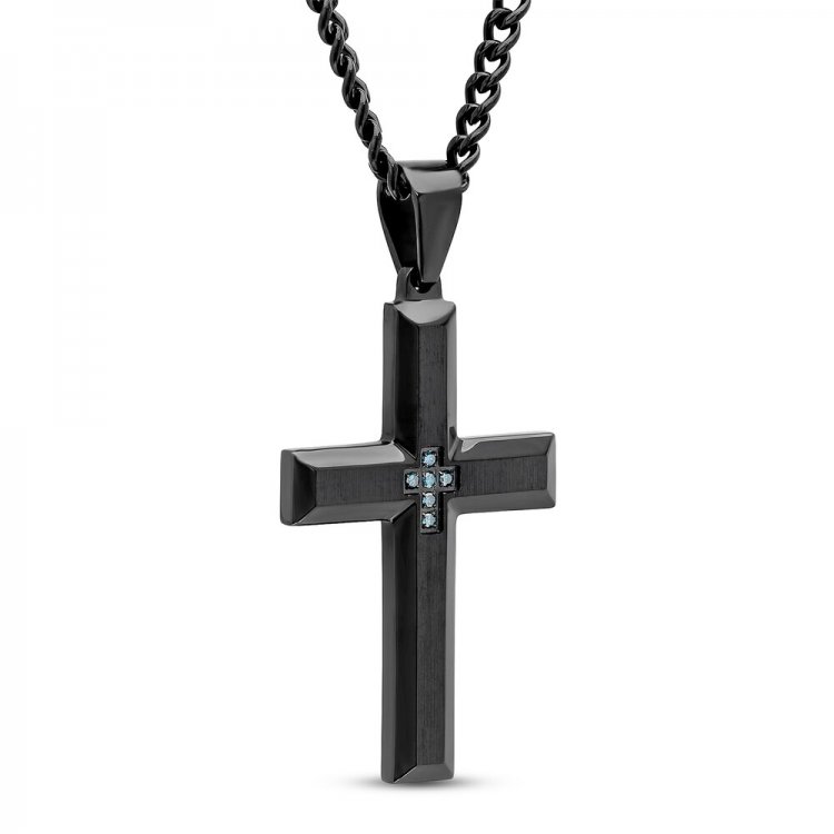 Men's Cross Necklace 1/20 ct tw Blue Diamonds Stainless Steel/Black Ion Plating 24