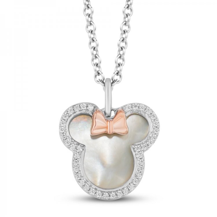 Disney Treasures Minnie Mouse Mother of Pearl Necklace 1/10 ct tw Diamonds Sterling Silver/10K Rose Gold