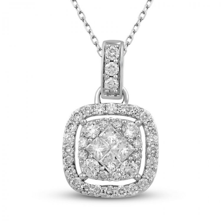 Diamond Necklace 1 ct tw Princess/Round 10K White Gold 18