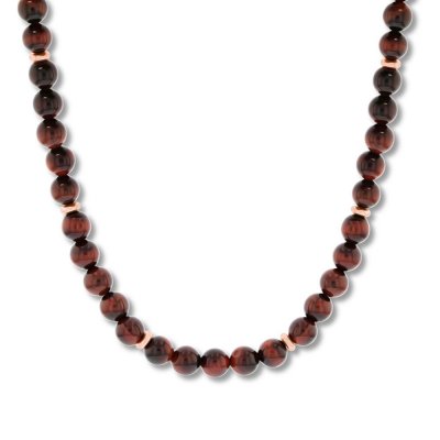 Mens Tigers Eye Bead Necklace Stainless Steel 24