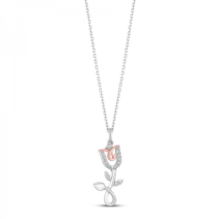 Hallmark Diamonds Flower Necklace 1/15 ct tw Sterling Silver/10K Rose Gold