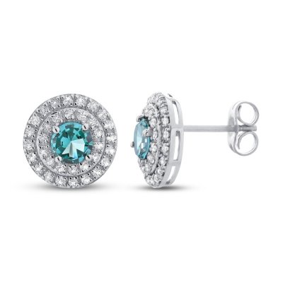 Oceanic Blue Topaz  White Topaz Double Halo Earrings Sterling Silver