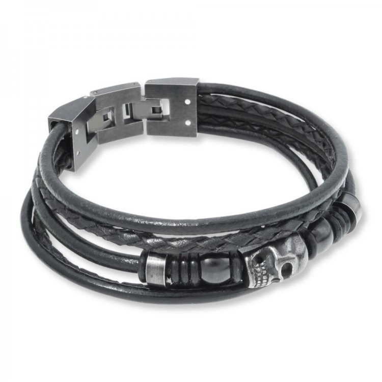 Men's Skull Bracelet Stainless Steel Black Leather