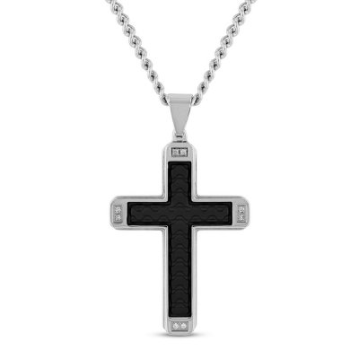 Mens Cross Pendant 1/20 ct tw Diamonds Stainless Steel/Black Ion Plating 24