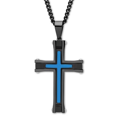 Mens Cross Necklace Black  Blue Ion-Plated Stainless Steel