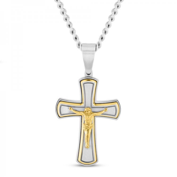 Mens Crucifix Pendant Stainless Steel/Yellow Ion Plating 24