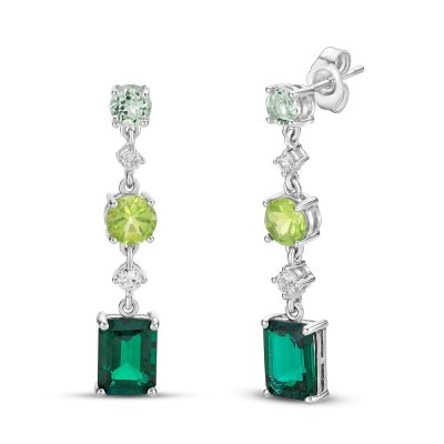 Vibrant Shades Lab-Created Emerald/Peridot/Green Quartz/White Lab-Created Sapphire Earrings Sterling Silver