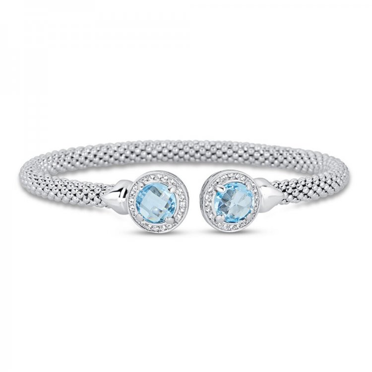 Blue  White Topaz Popcorn Mesh Cuff Bracelet Sterling Silver