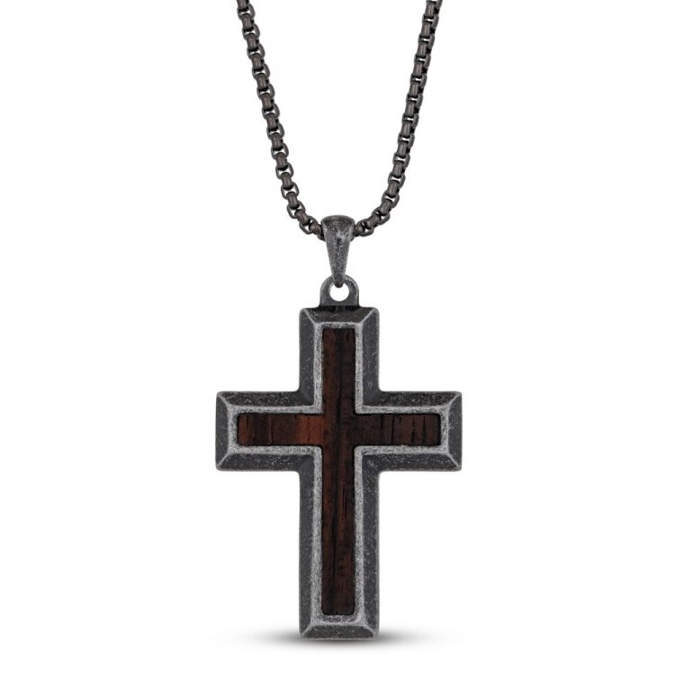 Mens Cross Necklace Black Ion Plating Stainless Steel 24